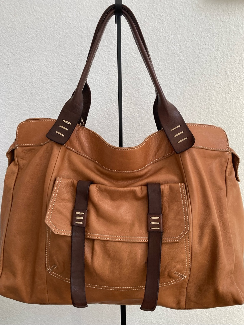 Sofia C. Large Slouchy Leather Hobo Bag - Made in Italy - Tan & Dark Brown